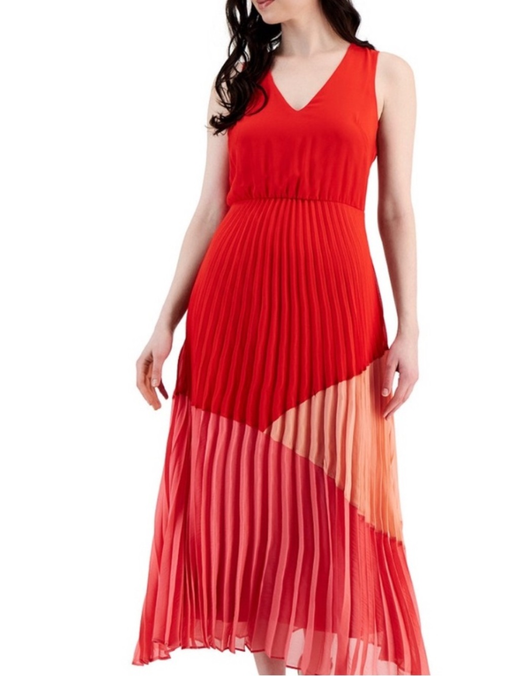 Taylor Pleated Colorblock V Neck Dress Red Coral NWT Sz L